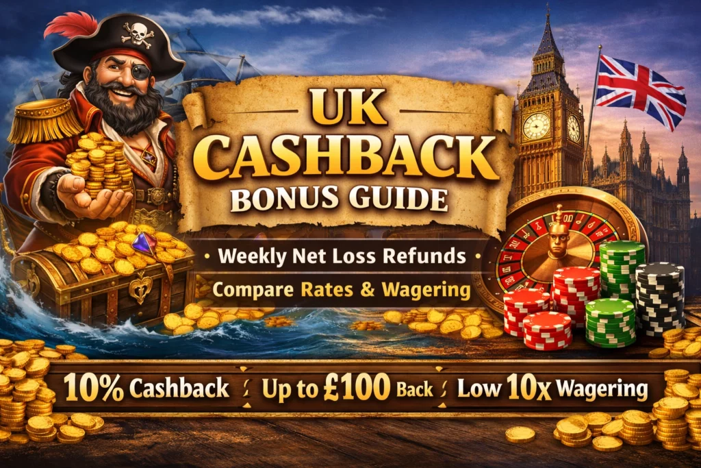 Fat Pirate Casino UK cashback bonus banner showing 10% weekly net loss refund up to £100 with low 10x wagering, pirate theme, Big Ben and casino elements