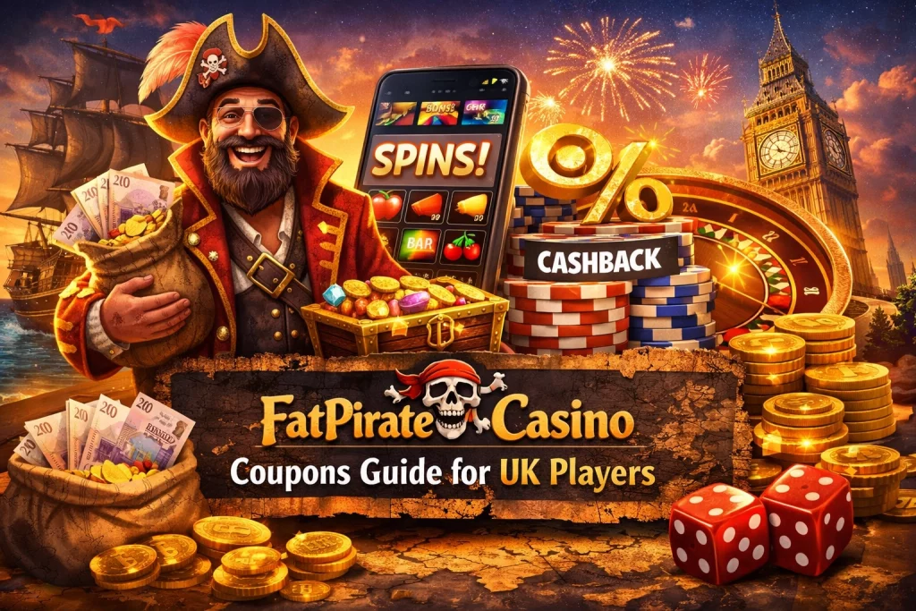 FatPirate Casino coupons banner with pirate theme, UK cashback offers, reload codes and casino rewards illustration