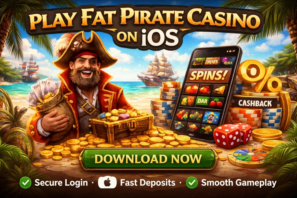 Fat Pirate Casino iOS app banner with pirate captain, treasure chest, iPhone slot interface, cashback symbol and download button on tropical background
