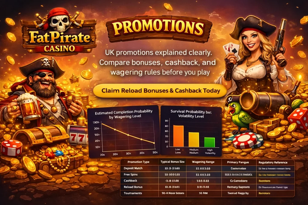 Alt: FatPirate Casino promotions banner with pirate theme, UK bonus comparison charts, cashback offers and reload rewards overview