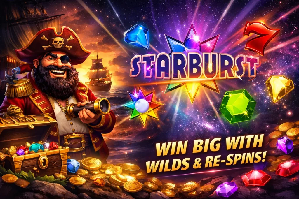 A pirate-themed digital illustration for the Starburst slot at Fat Pirate Casino. A chubby pirate with a golden tooth is holding a spyglass beside a treasure chest filled with colorful gems, with the glowing 'Starburst' logo floating in a cosmic backdrop, surrounded by jewels and light streaks